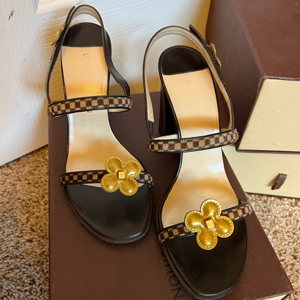 Louis Vuitton Brown Sandals with Yellow Flower Accent